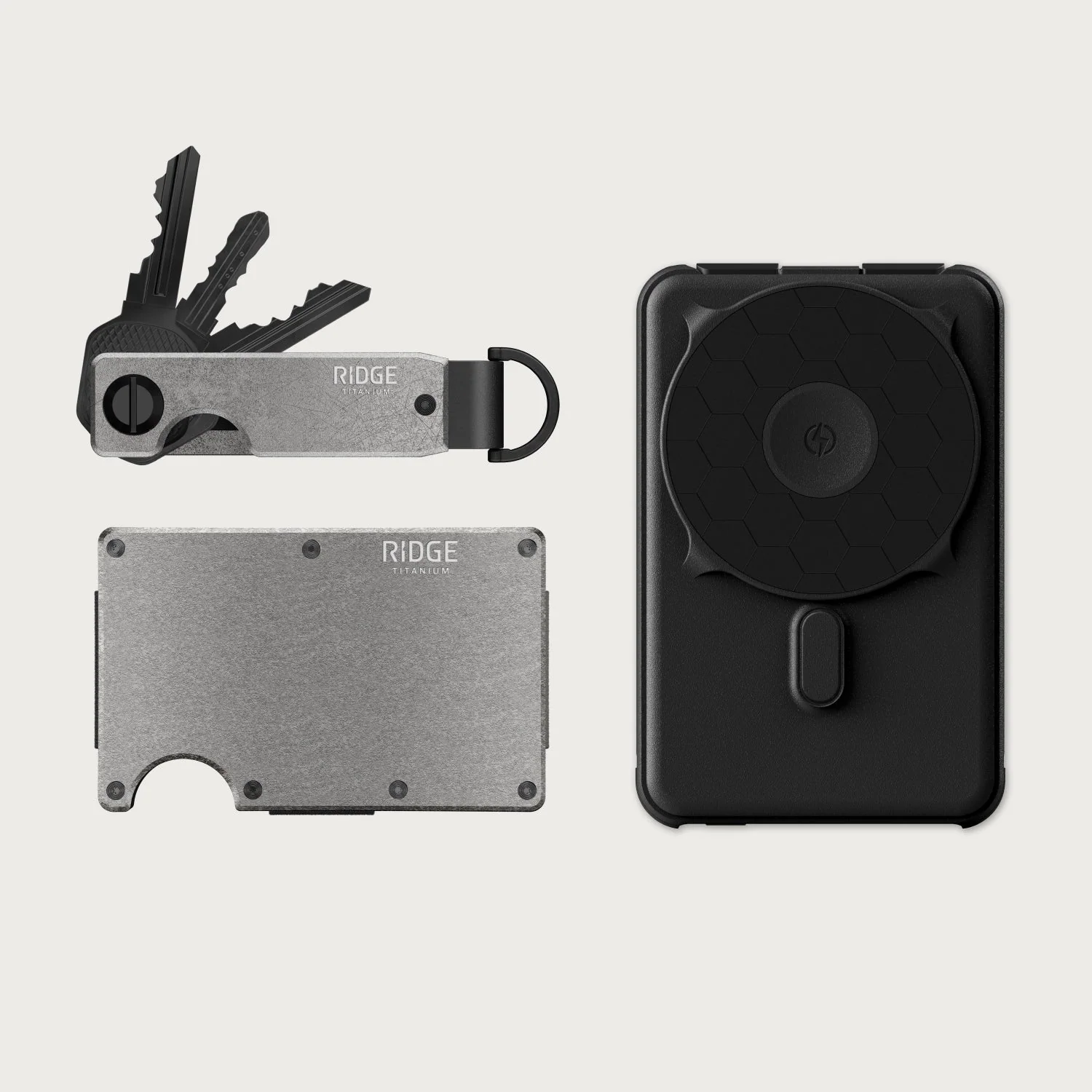 Ridge Wallet + Power Bank + KeyCase - Stonewashed Titanium + Matte Black + Stonewashed Titanium